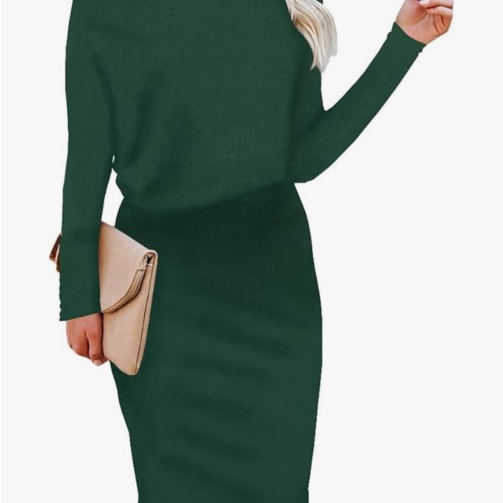 Green off shoulder midi dress XL fits size 14-16 blouson look long 3/4 sleeve